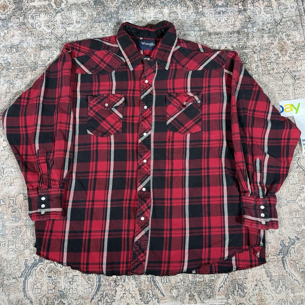 Vinatge 90s Wrangler Western Plaid Pearl Snap Flannell Size M USA